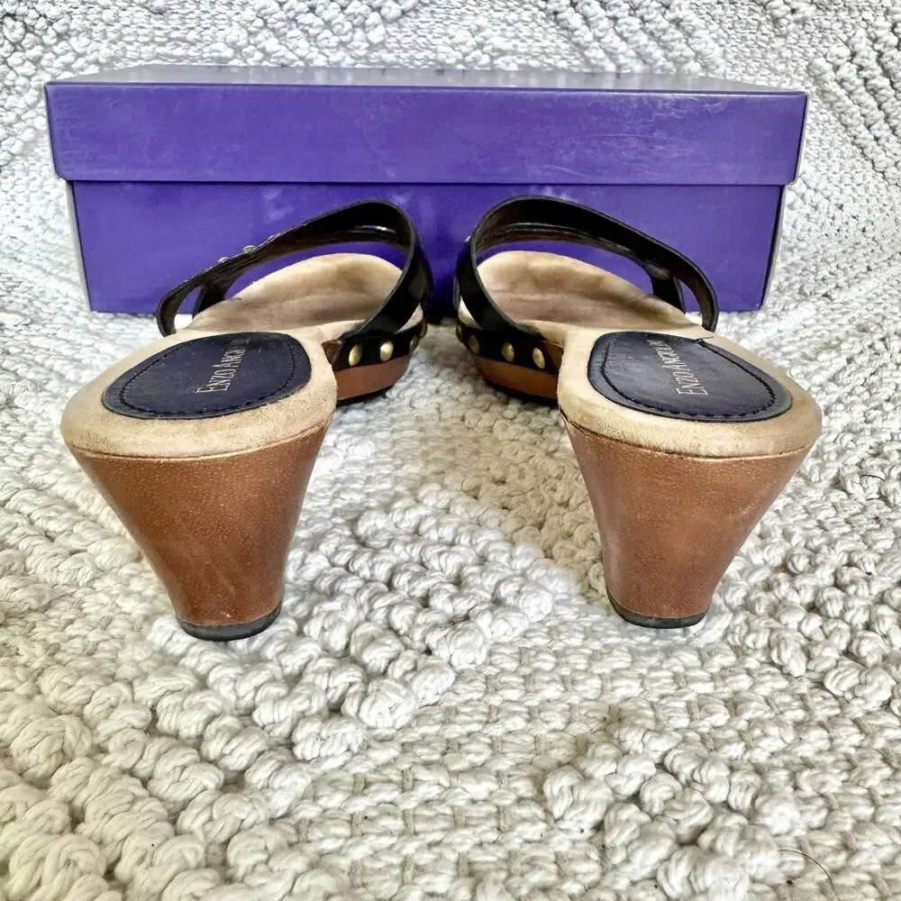 Enzo Angiolini Womens 5.5 Black Sandals Wood Heel Slide On Strap Fashion Y2k 90s